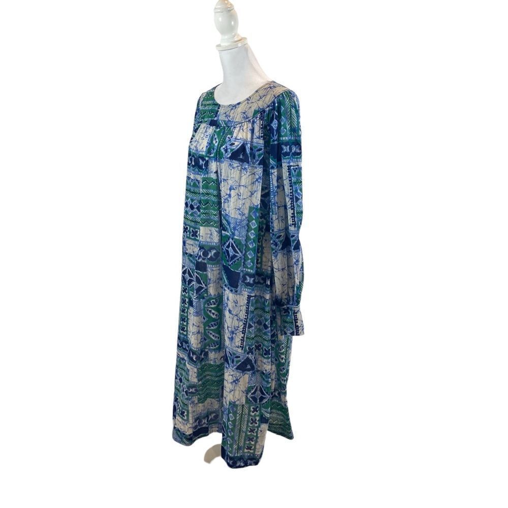 RARE Vintage Edith Flagg Blue and Green Print Long Sleeved Mumu‎ Shirt Dress OS